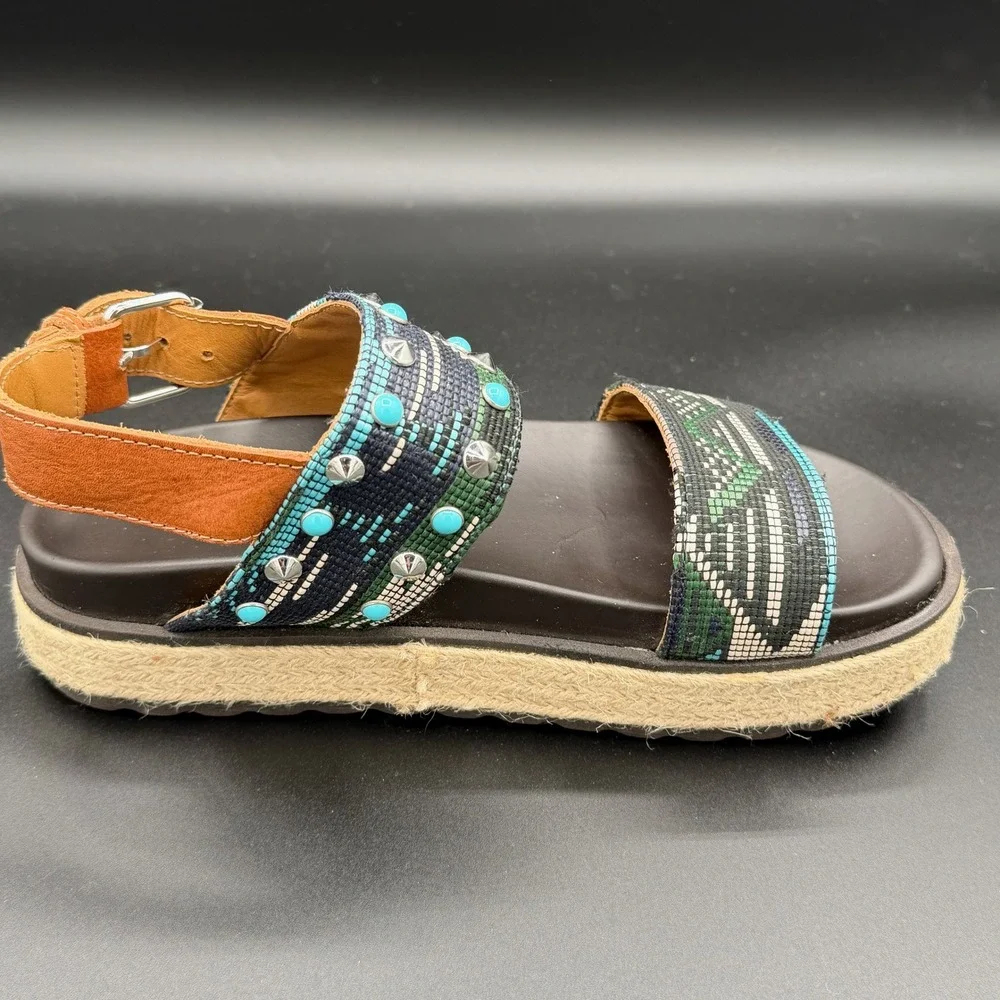 Stokton Italy Women 38 Woven Studded Turquoise Platform Espadrille Sandals